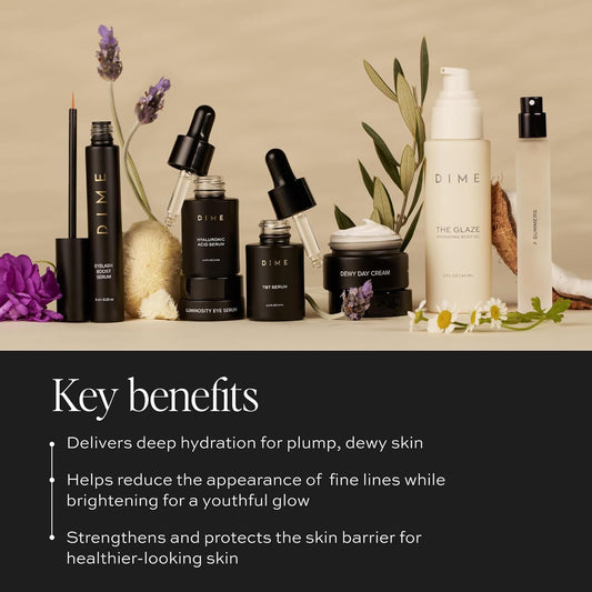 DIME Beauty Icons Collection - Travel Size Skincare Discovery Set Includes 7 Summers Perfume, Eyelash Boost Serum, Luminosity Eye, Glaze Body Oil, Hyaluronic Acid, Dewy Day Cream, TBT Serum
