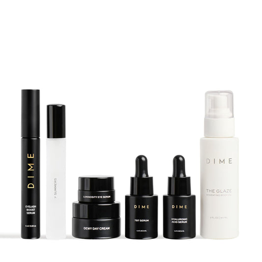 DIME Beauty Icons Collection - Travel Size Skincare Discovery Set Includes 7 Summers Perfume, Eyelash Boost Serum, Luminosity Eye, Glaze Body Oil, Hyaluronic Acid, Dewy Day Cream, TBT Serum